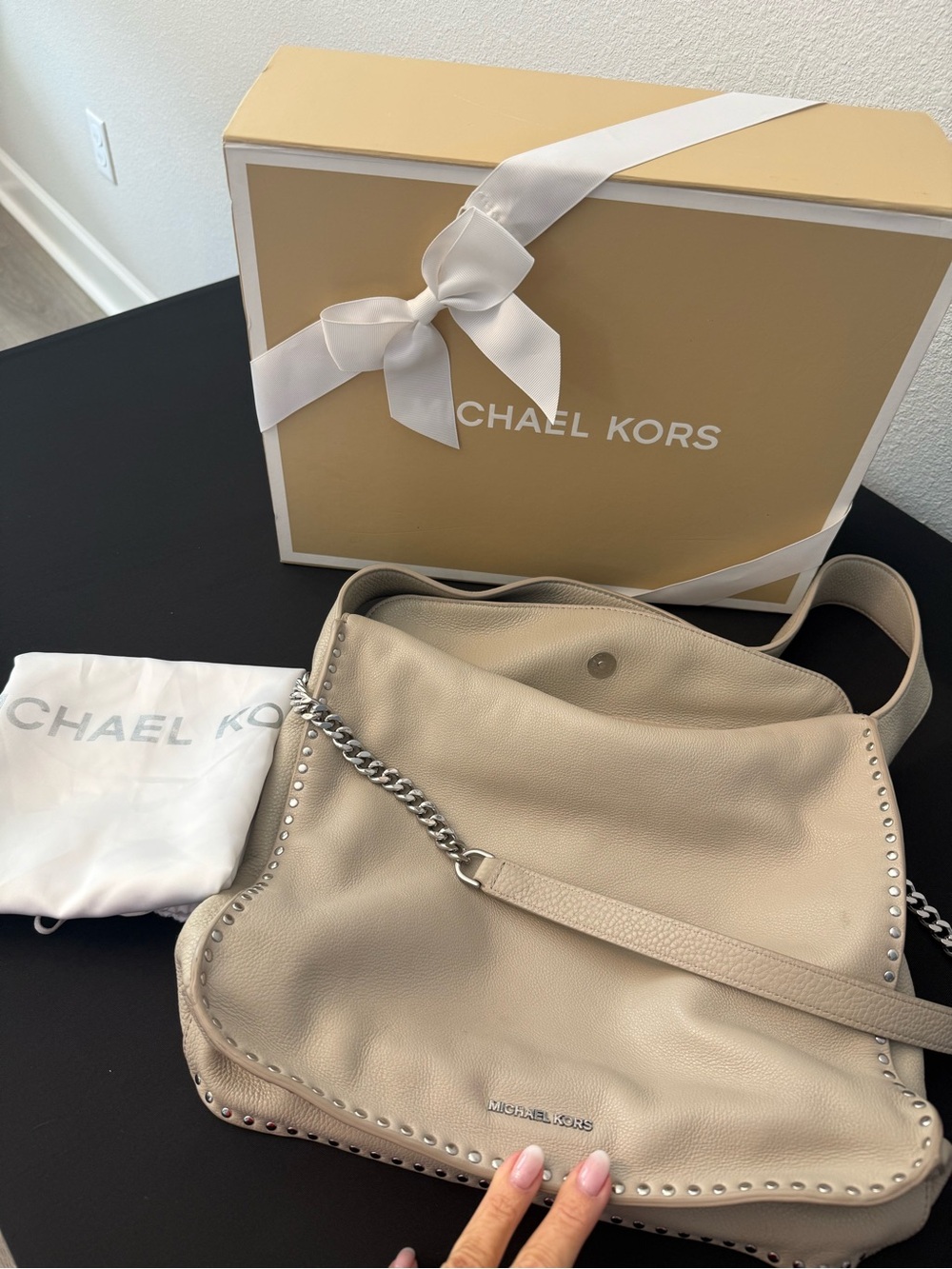 Michael Kors Taupe Pebbled Leather Shoulder Bag with Stud Trim